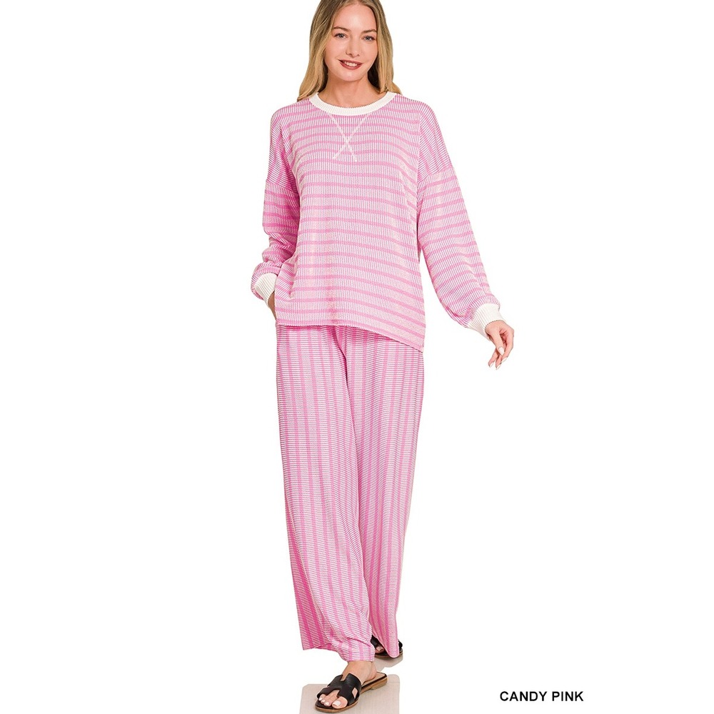 296.New Zenana Raised Rib Striped Pullover and Wide Leg Pants Set Candy Pink